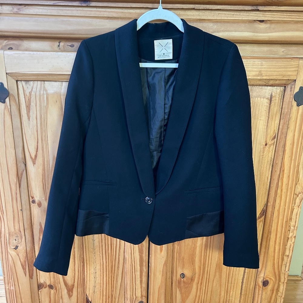 Anthropologie Pins and Needles Black Blazer Satin Detail Pockets One Button M